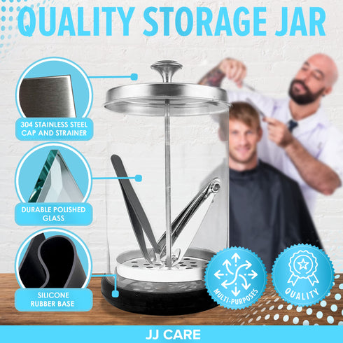 JJ CARE Disinfectant Jar (21oz) - Barber Jar Glass, Sanitizer Disinfectant Glass Jar, Barber Disinfectant Jar, Implement Disinfectant Container w/Stainless Steel Removable Strainer & Cap - Silver Lid
